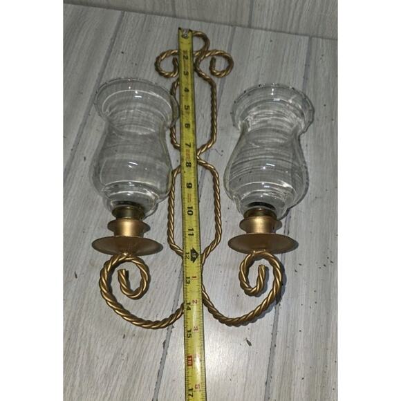 Vintage Gold Twisted Rope Wall Sconce Double Candle Holder Clear Votives - Picture 3 of 4